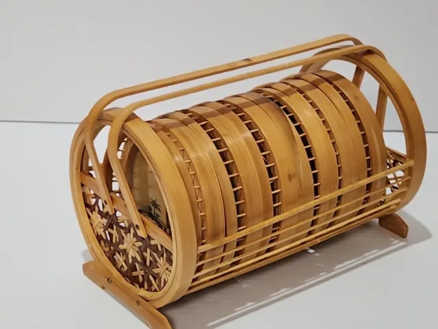 Set of 6 Fiji Coaster in Carry Basket Glass Cane Bamboo Vintage Souvenier (D2)