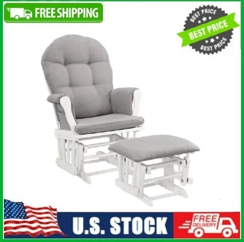 Angel Line Windsor Glider and Ottoman, White Finish with Gray Cushions, NEW