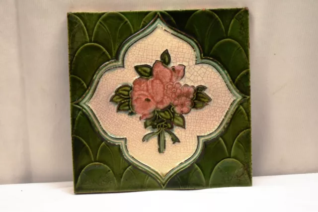 Antique Tile Art Nouveau Majolica Ceramic Porcelain Majolica Rose Flower Green"2 2