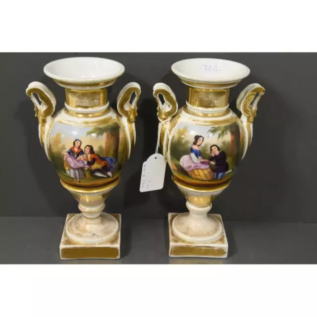 PAIR antique vieux paris porcelain hand paint Vases romantic scene 19thc