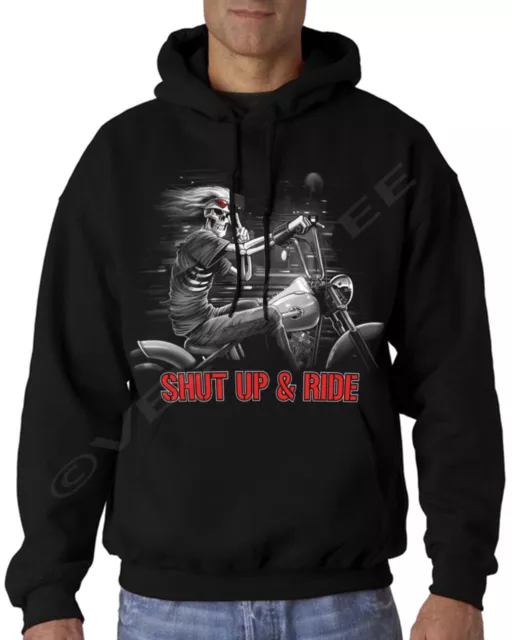 Velocitee Mens Hoodie Shut Up & Ride Chopper Hog Biker A15402