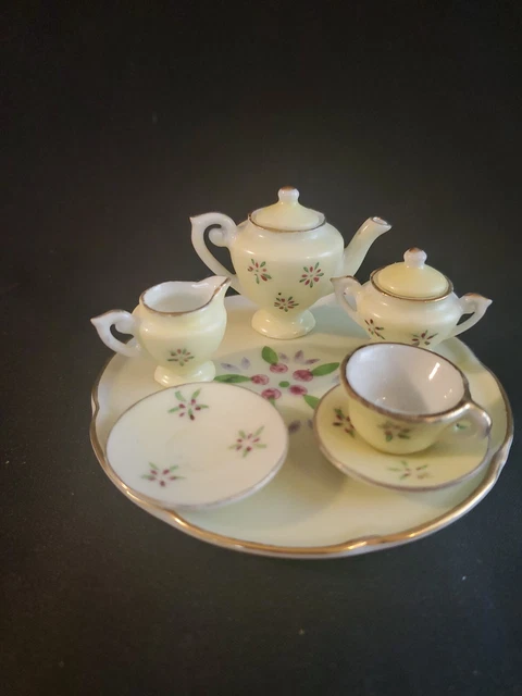 Antique Hand Painted Bisque Doll Dollhouse Miniature Porcelain Child Toy Tea set
