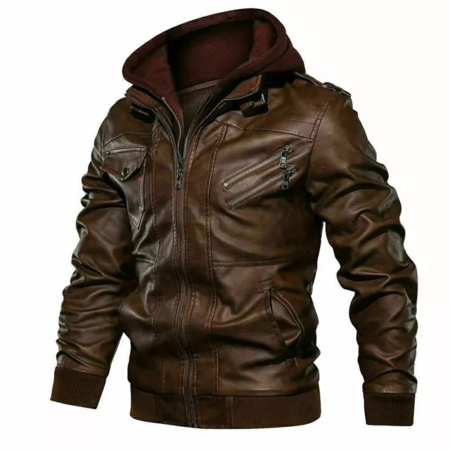 Men's Real Leather Motorcycle Biker Jacket with Removable Hood.