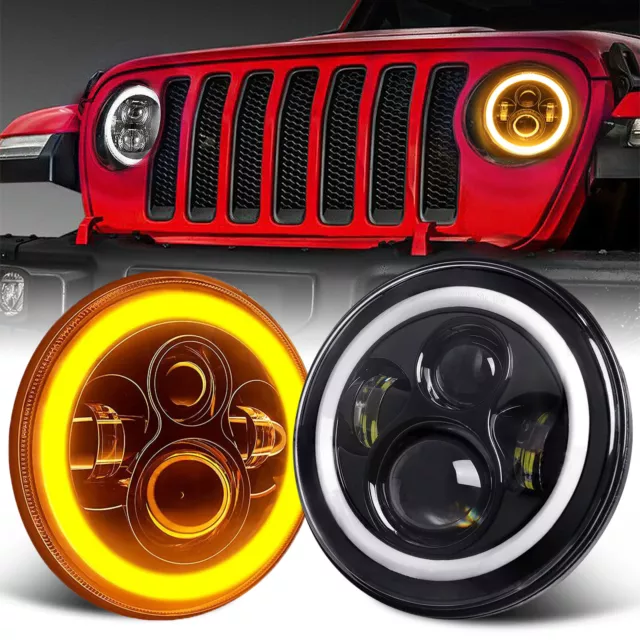 Paire 7'' pouces Rond LED Phare Halo Anneau DRL Lumière Pour Jeep Wrangler JK H4