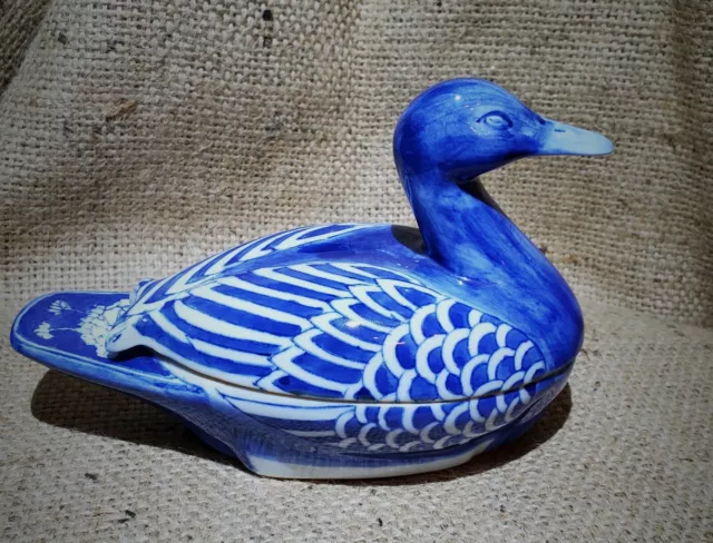 Vintage Chinese Porcelain Duck Tureen Dish Decor Collection blue & white Unique