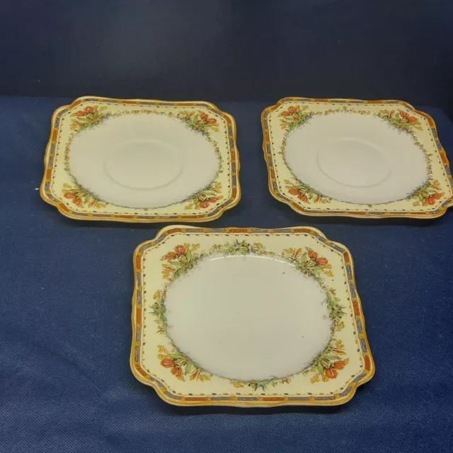 Antique 1920's Crown Ducal China England "Tulip"Set/3 Square Saucers/Bread Plate