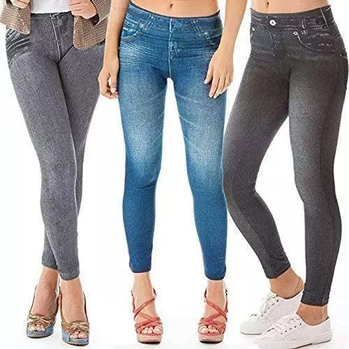 Women Faux Jean Pants Perfect Fit Denim Leggings Plus Size Jeggings Elastic  HGL