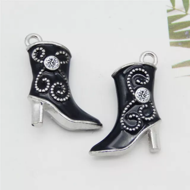 10 Stück Metall Silber Mini Stöckelschuhe Emaille Schwarz Charm Anhänger 22x15mm