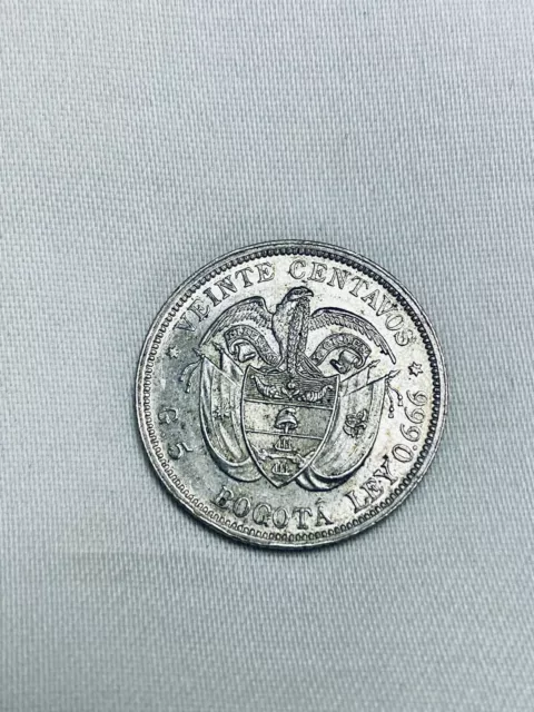 Colombia 1897 Silver 20 Centavos Coin AU+ Details- Great Condition