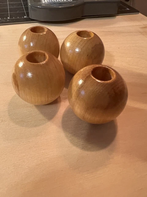 (4) Vintage Wood Round Barrel Macrame Craft Wooden Beads 1.25” Retro MCM Boho