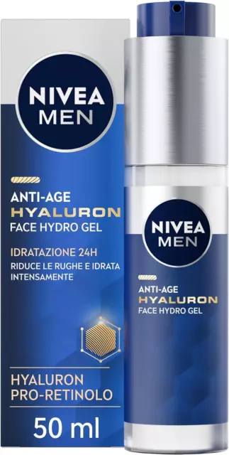 NIVEA MEN Anti-Age Hyaluron Hydro Gel Viso Uomo 50Ml, Crema Viso Uomo in Gel