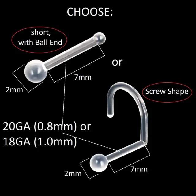Clear Metal free Acrylic Nose Stud Retainer, choose Shape, Pin Style + Thickness