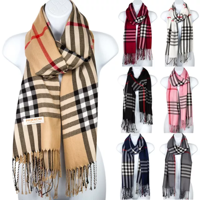 Women Pashmina Silk Scarf Plaid Checker Pattern Long Soft Shawl Wrap Cape Spring