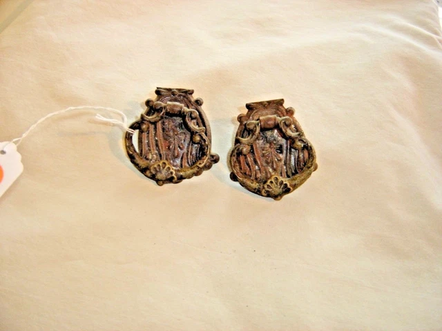 Antique 2 Brass Embossed Single Pulls with Bales 2" tall x 1 5/8" wide  9933