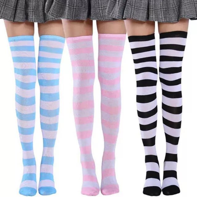 3 Pairs Women Girl Over the Knee Thigh High Striped Socks Stockings