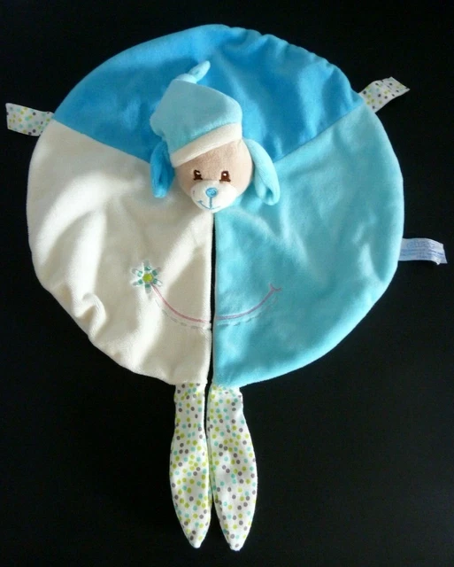 *. Doudou Gipsy Plat Chien Bleu Blanc Pois Fleur Bonnet Rond - Etat Neuf *
