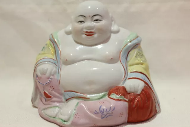 Chinese Porcelain Laughing Buddha Figure Famille Rose Happy Mark 6” Fine Quality