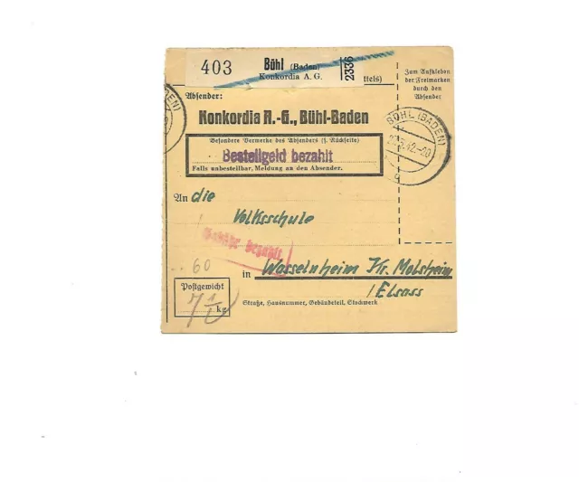 DR / Bühl (Baden) Konkordia A. G., Selbstbucher-Paket-Zettel 1942 auf Paketkarte