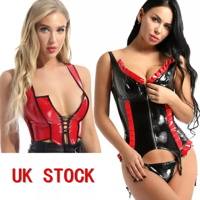 UK Sexy Womens Crop Tops Wet Look Corset Bustier Patent Leather Tank Clubwear