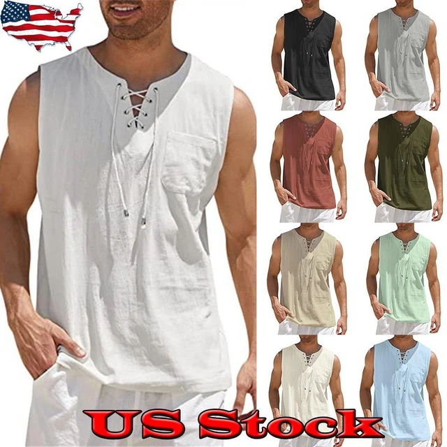 Mens Vest Linen Tank Top Summer Training Muscle Gym Tops Grandad Plain Tee M-3Xl
