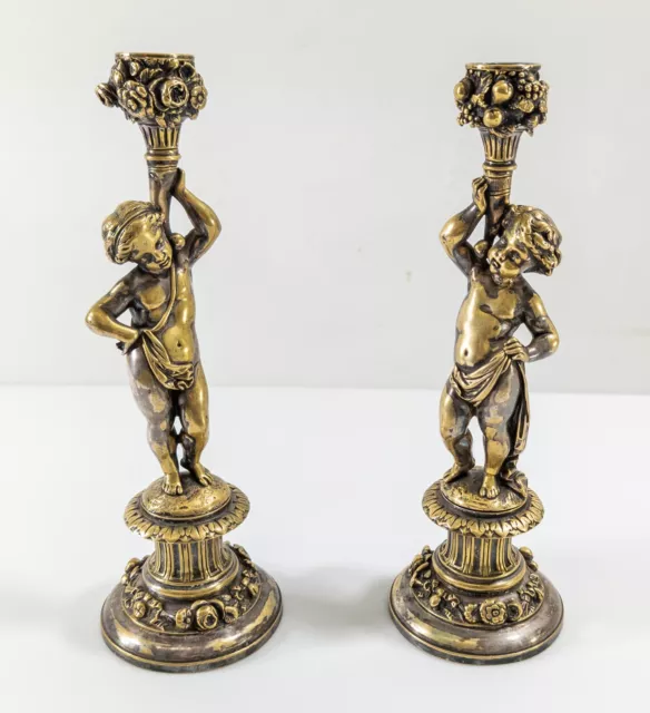Antique Pair of French Napoleon III Silvered Bronze Putti Cherub Candlesticks