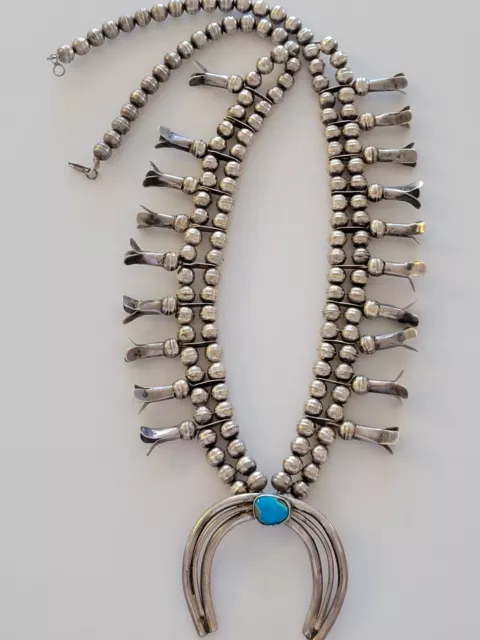 OLD PAWN Vtg NAVAJO Sterling Silver 26" Turquoise SQUASH BLOSSOM Necklace