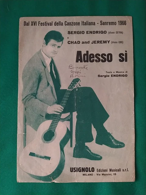 SERGIO ENDRIGO ADESSO Si' Spartito Musicale Sanremo 1966 Vintage Ed ...
