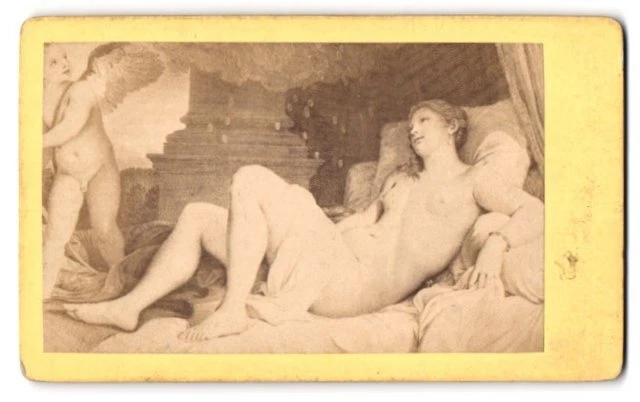 Fotografie unbekannter Fotograf und Ort Gemälde: nackte Danae liegend im Be Akt