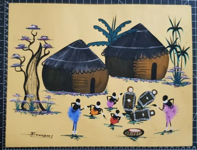 Ancienne Peinture Ethnique Pastel sur Papier Afrique Signée Village Africain Art