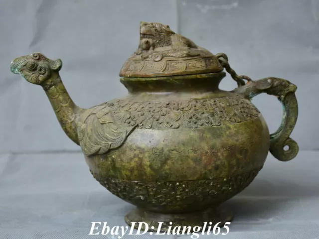 13 "Antike Bronze Ware Dynastie Beast Handle Birds Wine Pot Trinkgefäß
