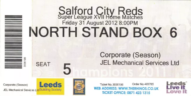 Ticket - Leeds Rhinos v Salford City Reds 31.08.2012