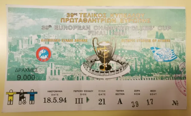 Biglietto Finale Champions League Atene 1994 Milan-Barcellona 4-0 RARO