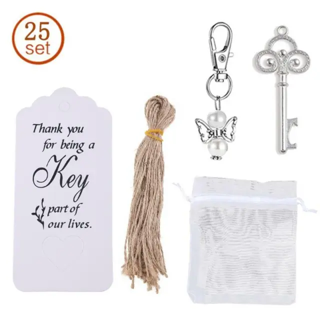 25pcs/set Key Bottle Opener Angel Wings Keychain with Tags Wedding Party Favor