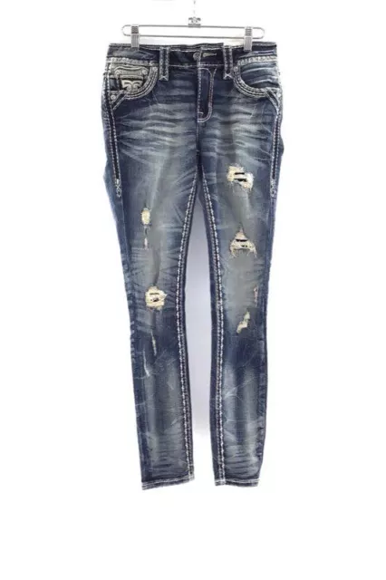 NWT Rock Revival Women's Blue Reina Mid-Rise Distressed Skinny Jeans- Size 25/30