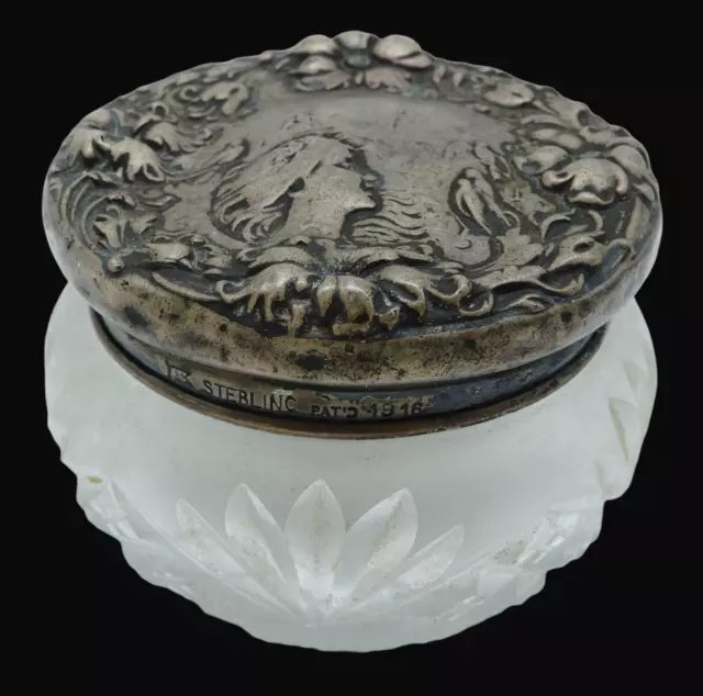 Antique FOSTER & BAILEY Sterling Silver / Glass Art Nouveau Powder Jar Woman