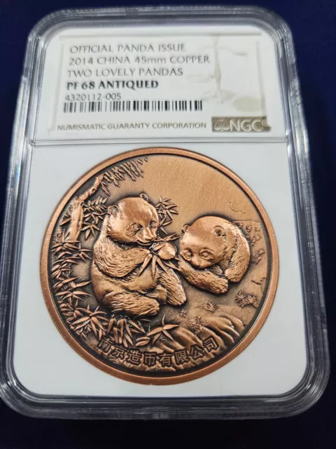 🌟 2014 China Nanjing Mint 45mm Copper Medal Two Lovely Pandas NGC PF68 ANTIQUED