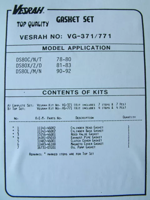 VESRAH COMPLETE Full Gasket set kit Suzuki DS80 C/N/T/X/Z/D/L/M/N 1978-92 VG-371 3