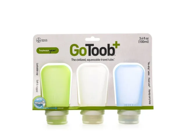NEW GoToob+ Silicone Squeeze Bottles LG 3.4oz 100ml Clear/Green/Blue | humangear