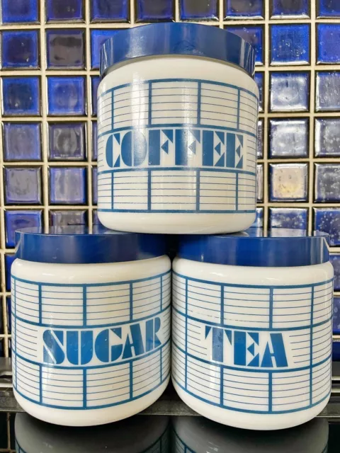 Vintage Retro CLP Tea Coffee Sugar Storage Jars 70/80's Milk Glass Blue/White.