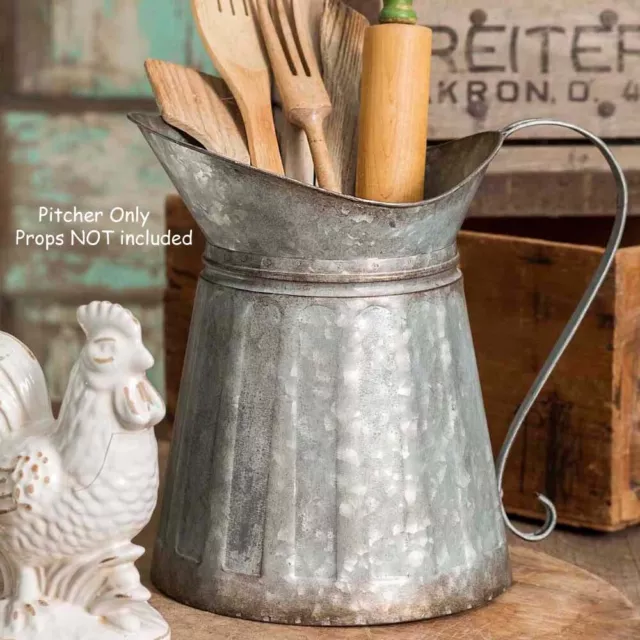 New Primitive Farmhouse Galvanized Metal Milk Pitcher - Utensil Holder