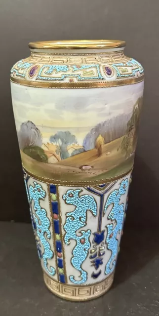 Old Vintage Antique Nippon Moriage Japanese Tall Porcelain w Enamel Flower Vase