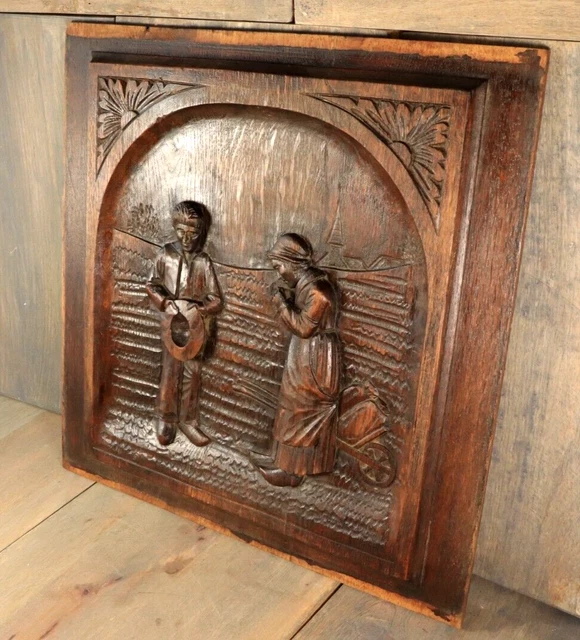 Antique French Breton Hand Carved Wood Panel Plaque Architectural Salvage 1800s 3