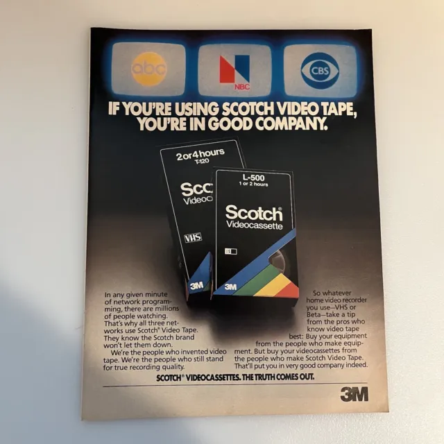 1980 3M Scotch Video Tape Cassette VHS Print Ad Original Vintage ABC NBC CBS