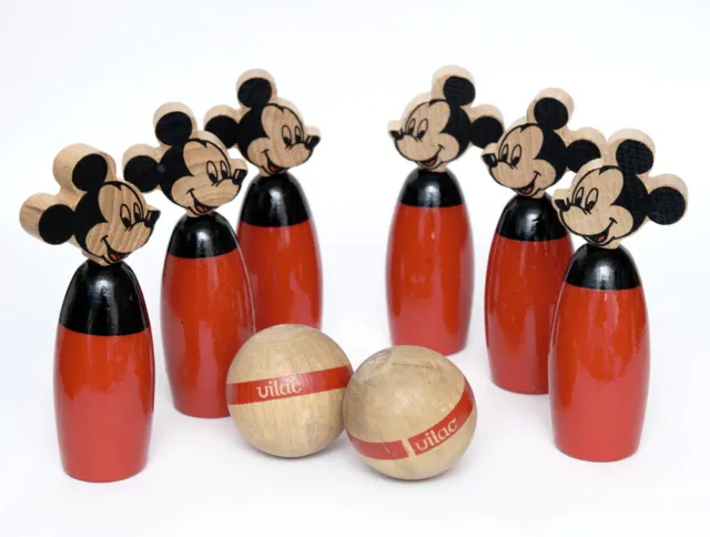 VILAC Kegel Kegelspiel Mickey Mouse Maus Holz Vintage Rarität