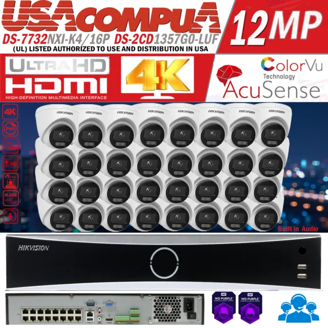 Hikvision 32CH 16POE NVR 4K 5MP Colorvu Security IP Camera System Full Color Lot