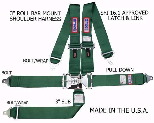 Rjs Racing Sfi 16.1 5Pt Latch & Link Harness Belt Roll Mount Bar Green 1128609