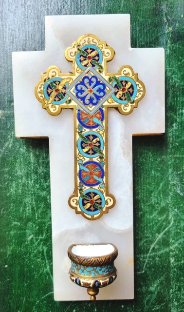 Pendentif Croix Couleur Or Avec émaux Cloisonnés Bleu Et Rose - Bijou Vintage - Parfait état