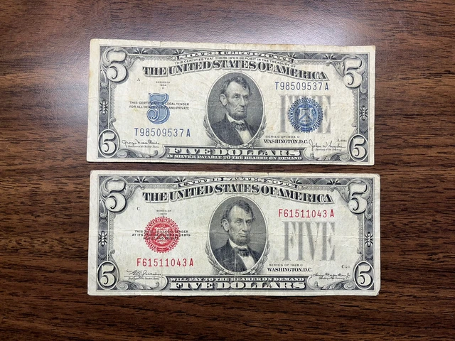 Old Us Money-1928 C & 1934 D $ 5 Dollar Bills-Red & Blue Seal-2 Notes-Free Ship.