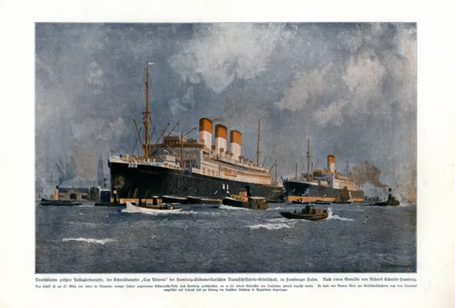Passagierdampfer Cap Poloio XL Kunstdruck 1923 Dampfschiff Hamburger Hafen