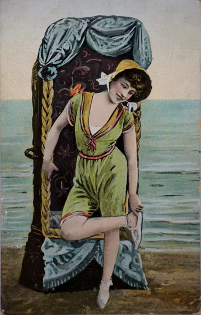 Postcard Victorian Young Woman Swimsuit Bathing Suit Vintage Beach Chair Ocean